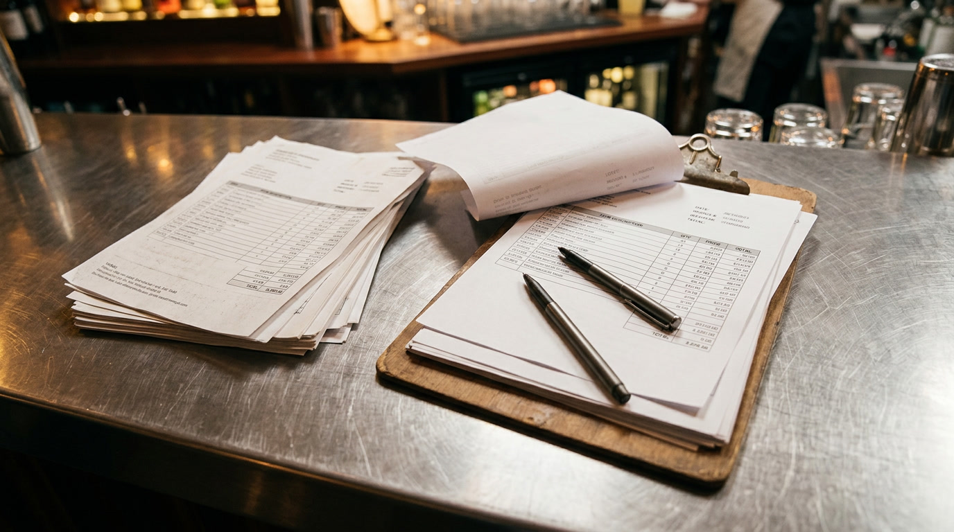 Distributor invoices piling up on a bar counter