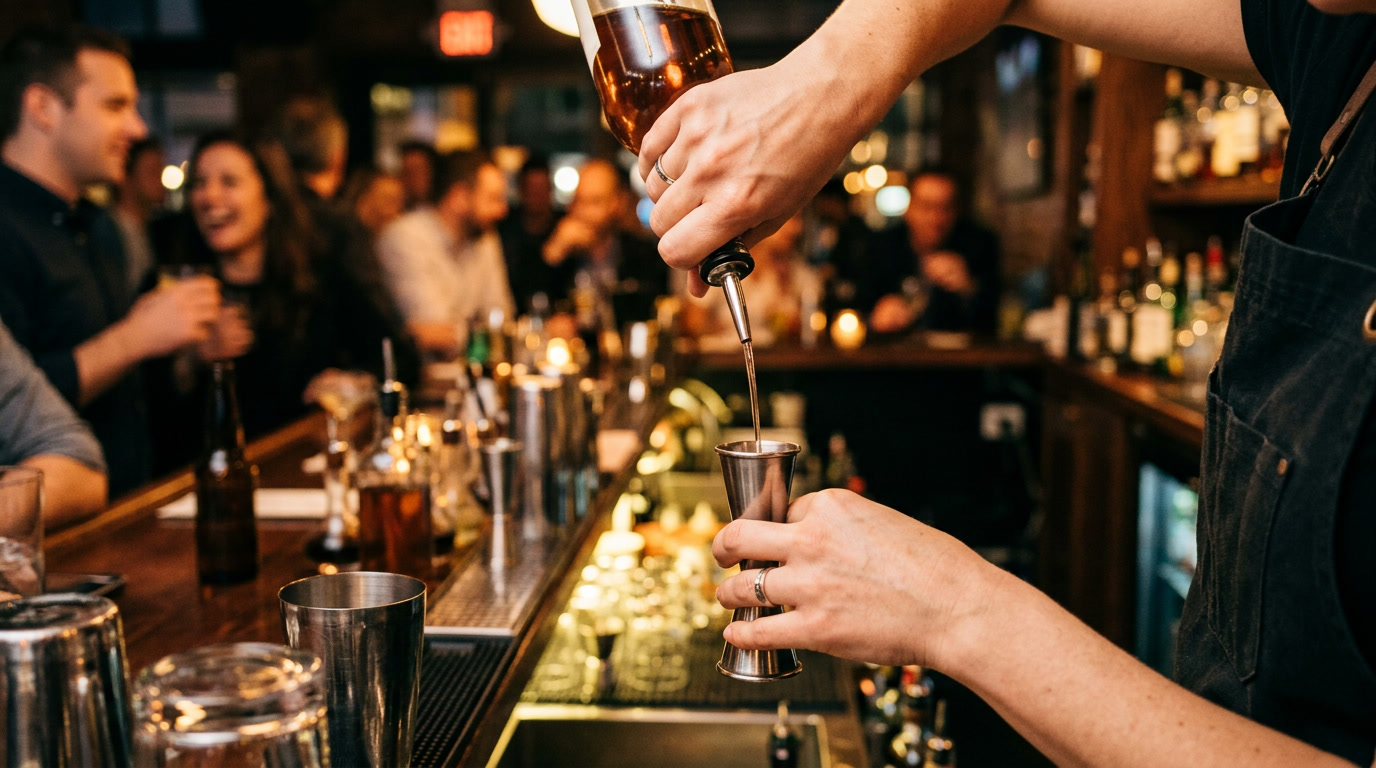 A bartender pouring a precise measure into a jigger during service