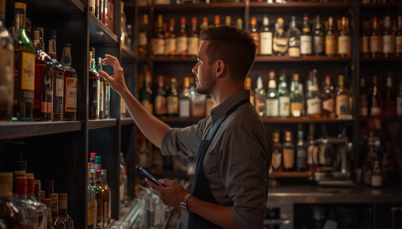 A bartender counting bottles on the shelf with bartyndr on their phone